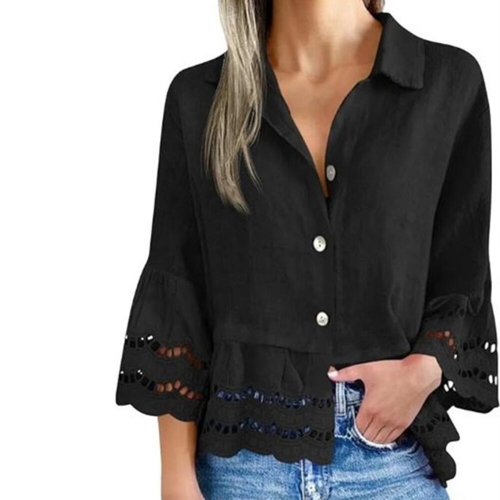 Women's Black 3/4 Sleeve Button Front Blouse Lace Hem Collared C9Q664 Size XL
